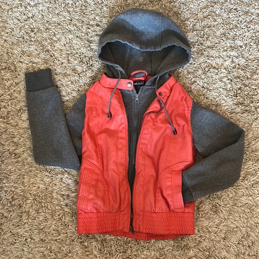 Coral/Grey Wet Seal Hooded Bomber Jacket